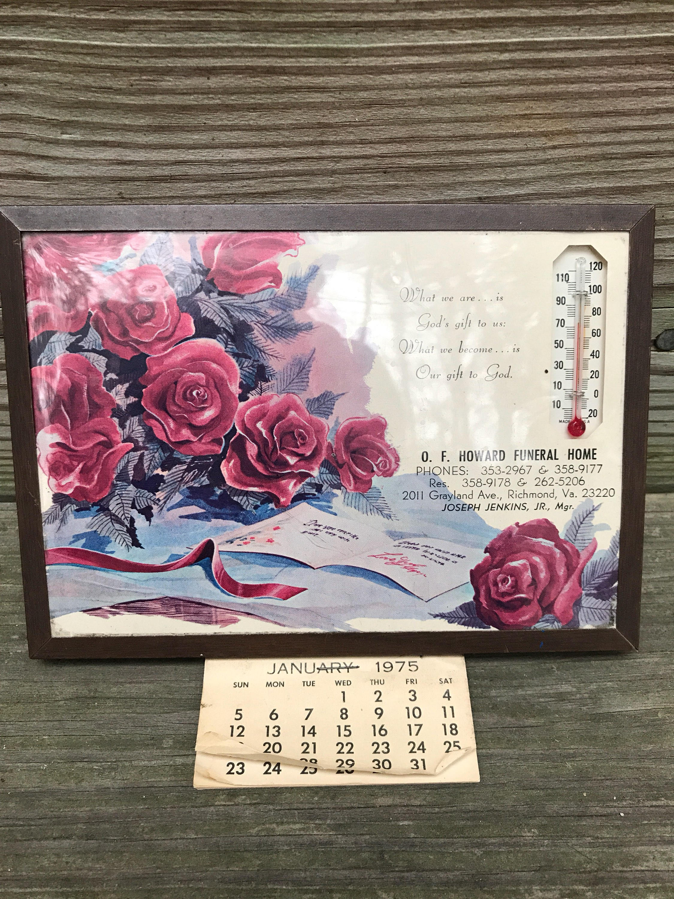 Vintage 1970s Framed Funeral Home Thermometer Calendar 1975 Etsy