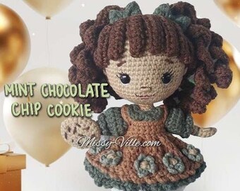 10" Crochet Carlie. Mint Chocolate Chip Cookie. Amigurumi Doll. Chocolate Doll. Mint Doll. OOAK Doll. Handmade Doll.