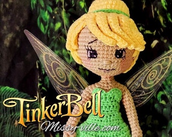 9" Crochet Tinkerbell. Amigurumi Tinkerbell. Tinkerbell Doll. OOAK Tinkerbell. HandMade Tinkerbell. Disney Tinkerbell. Disney Fairy Doll.