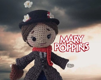 9" Crochet Mary Poppins. Mary Poppins. Amigurumi Mary Poppins. Mary Poppins Doll. OOAK Mary Poppins. Handmade Mary Poppins.