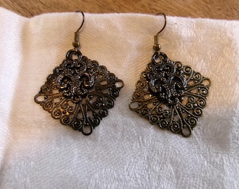 Bronze Filigree Earrings with Fleur de Lis Charm