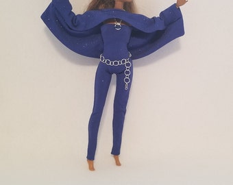 Blue Sparkle Fashion Dolls Birthday Outfit, 2 Piece Jumpsuit and Capelet, Jewelry is Included