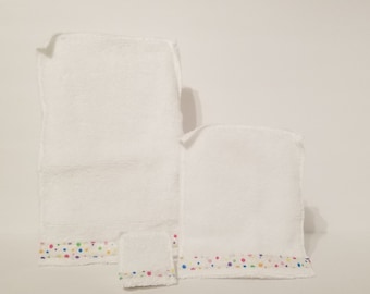 3 Piece Bath Towel Set with Sparkly Confetti Dot trim, as a set or separate