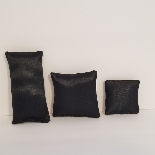 Black Satin Dollhouse Pillow, Shiny Doll Pillow, Miniature Pillow