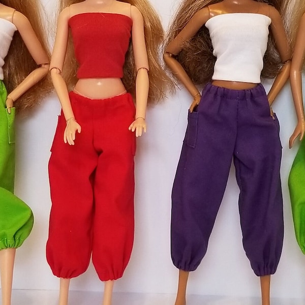 Baggy Style Pants, Pretty Cotton Doll Clothes for 1:6 Scale Doll, Modern Style Pants, Assorted Colors for Regular or Curvy Fashion Dolls.