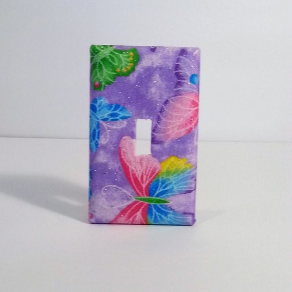 Butterfly Light Switch Plate Cover on Purple back ground, Sparkly Covered Fabric Switch Plate Cover