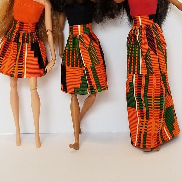 Ethnic Skirt in 3 lengths, African Inspired skirt for 12 inch Fashion Doll, Choose Regular or Curvy Doll, Doll Clothes Kente