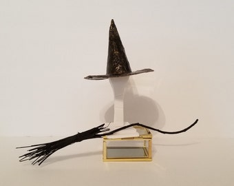 Handcrafted Witches Hat and Broom for Halloween Decoration