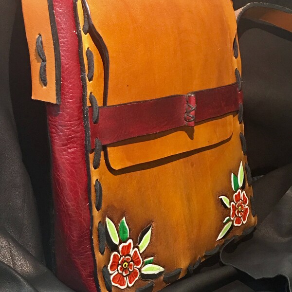 Hand Stitched Tooled and Painted Leather Shoudler Bag with Flowers (reserved)