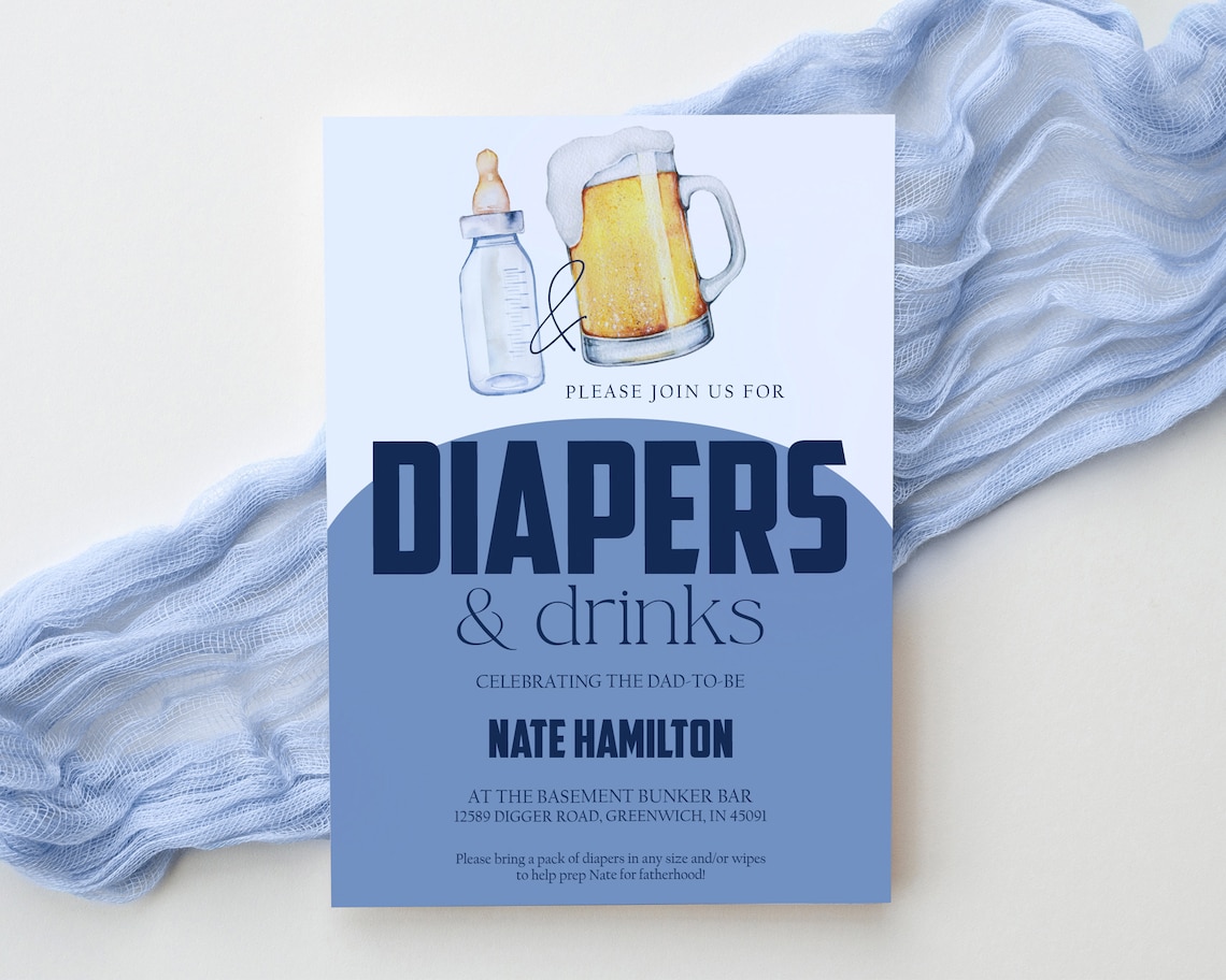 Diaper Party Invitation Blue Beer Drinks Bottle Baby Shower Editable Diaper Party Invitation Blue Beer Drinks Bottle Baby Shower Editable