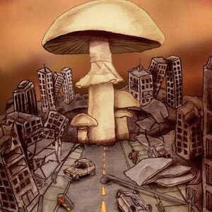 キノコ（雲）の上の街のプリント、「破壊力」