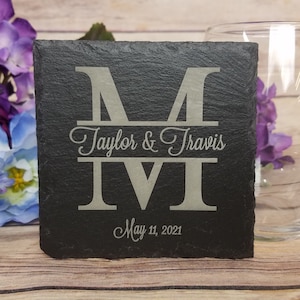 Engraved Slate Coaster, Personalized Wedding Favor, Monogram Wedding Coaster, Etched Slate Coaster, Split Monogram, Gift for Bridal Party