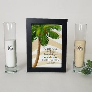 Personalized Wedding Sand Ceremony Shadow Box or Set, Unity Sand Ceremony Frame, Palm tree, Sand and Pouring Vases Optional