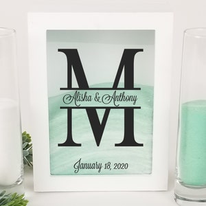 Wedding Sand Ceremony Set, Personalized White or Black Shadow Box Frame for Unity Sand Ceremony, Split Monogram, Sand/Pouring Vases Optional