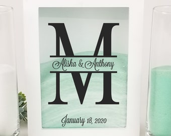 Wedding Sand Ceremony Set, Personalized White or Black Shadow Box Frame for Unity Sand Ceremony, Split Monogram, Sand/Pouring Vases Optional