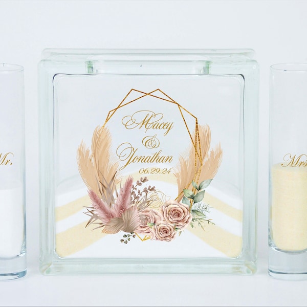 Wedding Sand Set, Unity Candle Alternative, Gold Frame with Dusty Rose Blush Pink Floral and Pampas, Blending of the Sands Ceremony Kit