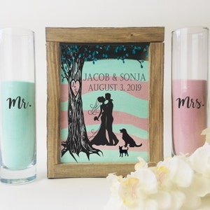 Rustic Unity Sand Ceremony Set Shadow Box with Bride and Groom and Dogs, Unity Candle Alternative for Barn, Outdoor or Country Wedding