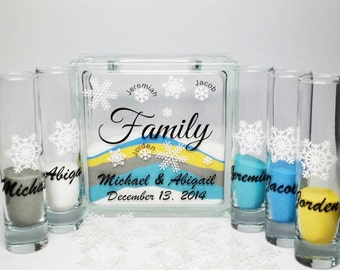 Unity Sand Set for Blended Family, Personalized, Winter Wedding Decor, Unity Candle Alternative, Sand Ceremony Set, Snowflakes Wedding Theme