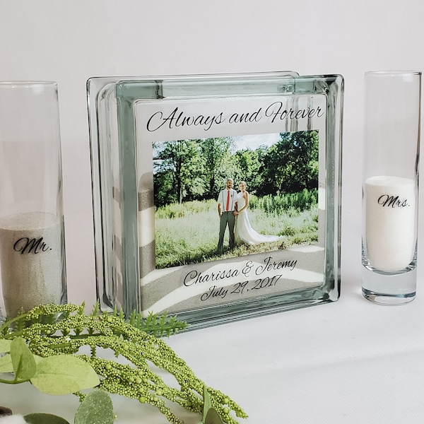 Sand Ceremony Set mit gedrucktem Foto, Unity Sand Ceremony Vase mit Deckel, Unity Candle Alternative, Sand Ceremony Rahmen für Bild von Paar