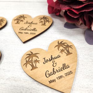 Unique Wedding Favors, Personalized Engraved Wood Magnets for Guests, Tropical Wedding Theme, Palm Trees for Beach Wedding, Wooden Magnets