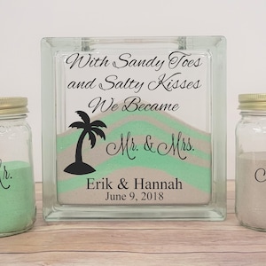 Glass Block Unity Sand Ceremony Set for Beach Wedding, Tropical Wedding Unity Candle Alternative, Personalized Mason Jar Sand Kit with Lids