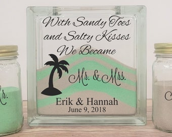 Glass Block Unity Sand Ceremony Set for Beach Wedding, Tropical Wedding Unity Candle Alternative, Personalized Mason Jar Sand Kit with Lids