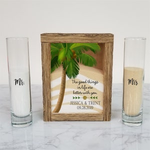 Beach Wedding Sand Ceremony Set, Rustic Unity Sand Ceremony Frame, Unity Candle Alternative for Tropical Wedding, Palm Tree Seashell Decor