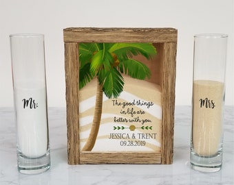 Beach Wedding Sand Ceremony Set, Rustic Unity Sand Ceremony Frame, Unity Candle Alternative for Tropical Wedding, Palm Tree Seashell Decor