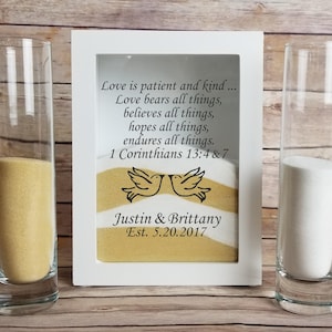 Sand Ceremony Set, Sand Included in Your Choice of Colors, White Shadow Box for Unity Candle Ceremony, Love is Patient Sand Unity Set Frame