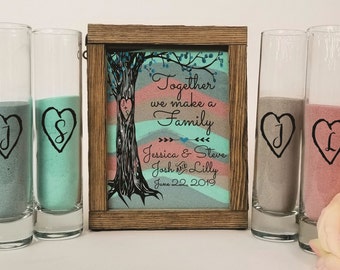 Sand Zeremonie Set für gemischte Familie, rustikale Hochzeit Shadow Box Sand Zeremonie Set, Unity Candle Alternative, Strand oder Outdoor Hochzeitsdekor