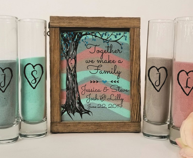 Sand Ceremony Set for Blended Family, Rustic Wedding Shadow Box Sand Ceremony Set, Unity Candle Alternative, Beach or Outdoor Wedding Decor Cylinder Vases