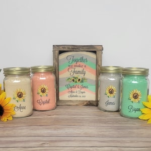 Gemengde familie zandceremonieset, zonnebloem thema rustieke bruiloft schaduwdoos zandceremonie set, eenheid kaars alternatief, schuur bruiloft decor