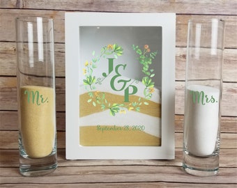 Personalized Wedding Sand Ceremony Shadow Box or Set, Unity Sand Ceremony Frame, Floral, Greenery Wreath, Sand and Pouring Vases Optional