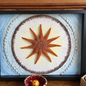 Mandala starfish, power animal, 40 x 50 cm, framed, with shells and gold leaf, wall design, meditation, wall art