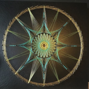 Mandala turquoise, gold, star, string art, thread picture, mural, meditation, thread graphics, wall art