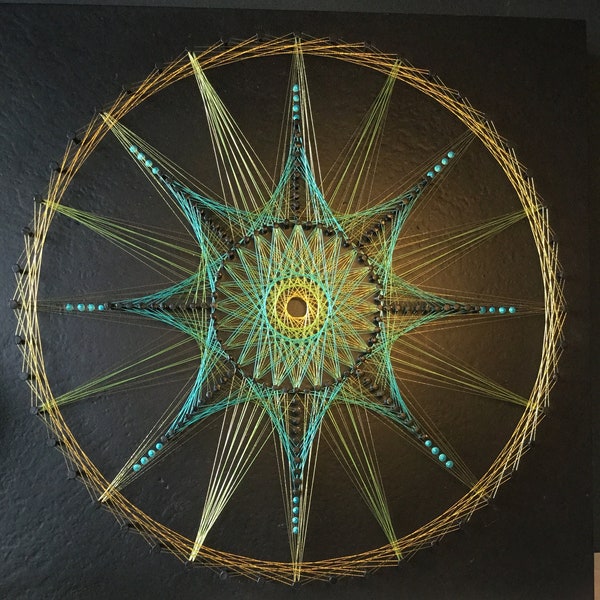 Mandala türkis, gold, Stern, stringart, Fadenbild, Wandbild, Meditation, Fadengrafik, wall art