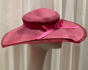Vintage 1960's Anita Pineault Pink Straw Linen Wide Brim Hat with Bow Made in Canada