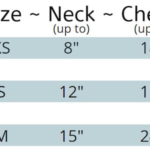 May include: A size chart for clothing with neck and chest measurements in inches. The chart shows sizes XS, S, and M with corresponding neck and chest measurements.