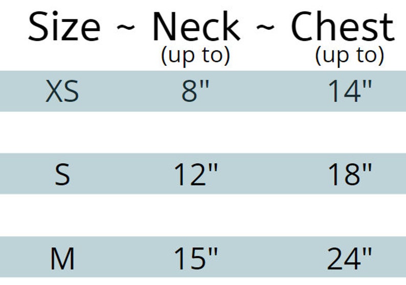 May include: A size chart for clothing with neck and chest measurements in inches. The chart shows sizes XS, S, and M with corresponding neck and chest measurements.