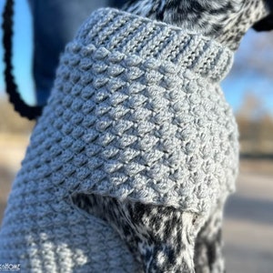 May include: A gray crocheted dog sweater with a textured pattern. The sweater is worn by a dog with black and white fur.