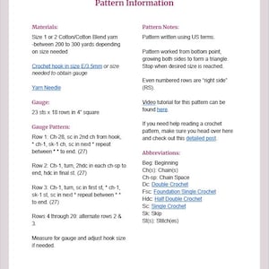Pode incluir: Um documento intitulado Dog Bandana Pattern Information contendo instru&ccedil;&otilde;es de croch&ecirc;. Lista materiais, incluindo fio de algod&atilde;o tamanho 1 ou 2 e uma agulha de 3,5 mm, requisitos de amostra, passos do padr&atilde;o e abrevia&ccedil;&otilde;es de croch&ecirc;.