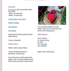 May include: A digital document titled Anatomical Heart Pattern Information. It lists materials including 90 yards of red yarn, 30 yards of blue yarn, a 4mm crochet hook, polyfill, stitch markers, and a needle. It includes crochet abbreviations and notes.