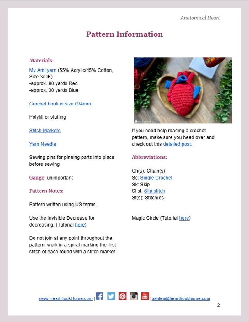 May include: A digital document titled Anatomical Heart Pattern Information. It lists materials including 90 yards of red yarn, 30 yards of blue yarn, a 4mm crochet hook, polyfill, stitch markers, and a needle. It includes crochet abbreviations and notes.