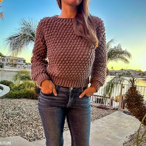 May include: A brown crocheted sweater with a textured stitch pattern. The sweater is cropped and has long sleeves.
