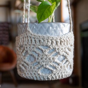 May include: A white crocheted plant hanger with a diamond pattern, holding a white ceramic pot with a green plant.