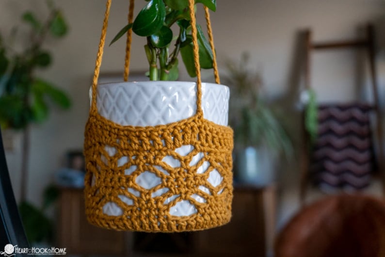 May include: A white ceramic planter with a mustard yellow crocheted hanging planter. The planter is hanging from a macrame cord.