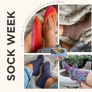 May include: A collage of crocheted socks and slippers in various colors. The image includes a pair of gradient orange and pink slippers, a pair of brown socks, a pair of navy blue socks, and a pair of striped socks with pink, blue, and green hues. Text reads "Sock Week".