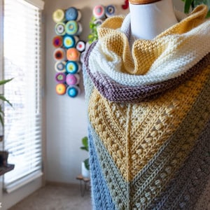 May include: A crocheted shawl with a multi-colored chevron pattern in shades of blue, green, yellow, and brown. The shawl is draped over a white mannequin and has a matching crocheted cowl.