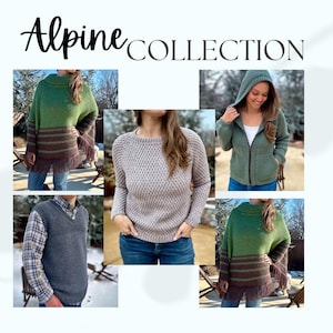 May include: A collection of crocheted sweaters and ponchos in green, brown, and gray. The sweaters feature different stitch patterns and styles, including a hooded sweater, a pullover sweater, and a poncho. The sweaters are all made with a soft, cozy yarn.