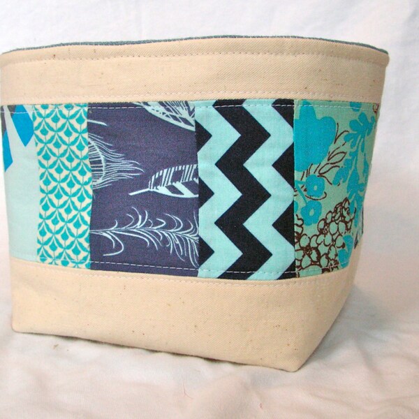 Large Patchwork Canvas Basket - Cloth Storage Bin - Perfect for Unpaper Towels - Kitchen, Toiletries, Kids Room - Blue Patchwork